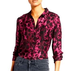7 For All Mankind Leopard Print Dark Pink & Black Button Down Blouse Size L